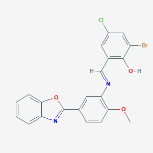 molecular formula C21H14BrClN2O3 B416996 2-({[5-(1,3-Benzoxazol-2-yl)-2-methoxyphenyl]imino}methyl)-6-bromo-4-chlorophenol 