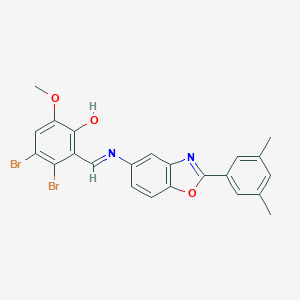 molecular formula C23H18Br2N2O3 B417002 3,4-Dibromo-2-({[2-(3,5-dimethylphenyl)-1,3-benzoxazol-5-yl]imino}methyl)-6-methoxyphenol 