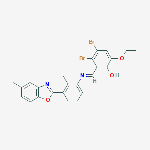 molecular formula C24H20Br2N2O3 B417010 3,4-Dibromo-6-ethoxy-2-({[2-methyl-3-(5-methyl-1,3-benzoxazol-2-yl)phenyl]imino}methyl)phenol 