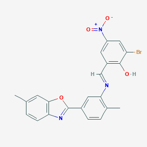 molecular formula C22H16BrN3O4 B417016 2-Bromo-4-nitro-6-({[2-methyl-5-(6-methyl-1,3-benzoxazol-2-yl)phenyl]imino}methyl)phenol 