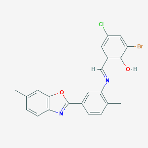 molecular formula C22H16BrClN2O2 B417018 2-Bromo-4-chloro-6-({[2-methyl-5-(6-methyl-1,3-benzoxazol-2-yl)phenyl]imino}methyl)phenol 