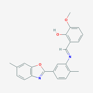 molecular formula C23H20N2O3 B417021 2-Methoxy-6-({[2-methyl-5-(6-methyl-1,3-benzoxazol-2-yl)phenyl]imino}methyl)phenol 