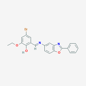 molecular formula C22H17BrN2O3 B417038 4-Bromo-2-ethoxy-6-{[(2-phenyl-1,3-benzoxazol-5-yl)imino]methyl}phenol 