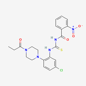 molecular formula C21H22ClN5O4S B4170385 N-({[5-chloro-2-(4-propionyl-1-piperazinyl)phenyl]amino}carbonothioyl)-2-nitrobenzamide 