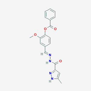molecular formula C20H18N4O4 B417048 2-methoxy-4-{2-[(3-methyl-1H-pyrazol-5-yl)carbonyl]carbohydrazonoyl}phenyl benzoate 