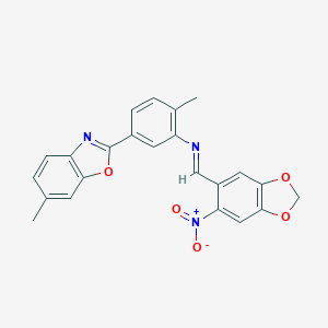 molecular formula C23H17N3O5 B417060 2-{3-[({6-Nitro-1,3-benzodioxol-5-yl}methylene)amino]-4-methylphenyl}-6-methyl-1,3-benzoxazole 
