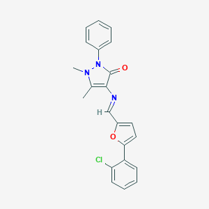 molecular formula C22H18ClN3O2 B417062 4-({[5-(2-chlorophenyl)-2-furyl]methylene}amino)-1,5-dimethyl-2-phenyl-1,2-dihydro-3H-pyrazol-3-one CAS No. 302824-14-2