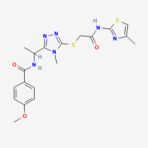 molecular formula C19H22N6O3S2 B4170635 4-methoxy-N-{1-[4-methyl-5-({2-[(4-methyl-1,3-thiazol-2-yl)amino]-2-oxoethyl}thio)-4H-1,2,4-triazol-3-yl]ethyl}benzamide 