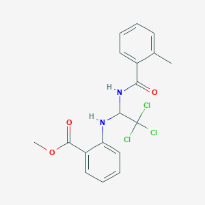 molecular formula C18H17Cl3N2O3 B417070 Methyl 2-({2,2,2-trichloro-1-[(2-methylbenzoyl)amino]ethyl}amino)benzoate 