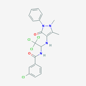 molecular formula C20H18Cl4N4O2 B417073 3-chloro-N-{2,2,2-trichloro-1-[(1,5-dimethyl-3-oxo-2-phenyl-2,3-dihydro-1H-pyrazol-4-yl)amino]ethyl}benzamide 
