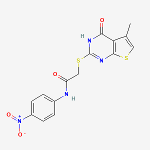 molecular formula C15H12N4O4S2 B4170774 2-[(5-methyl-4-oxo-3,4-dihydrothieno[2,3-d]pyrimidin-2-yl)thio]-N-(4-nitrophenyl)acetamide 