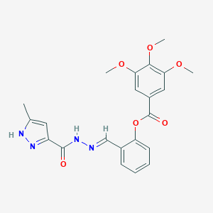 molecular formula C22H22N4O6 B417089 2-{2-[(3-methyl-1H-pyrazol-5-yl)carbonyl]carbohydrazonoyl}phenyl 3,4,5-trimethoxybenzoate 