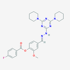 molecular formula C28H32FN7O3 B417092 4-[(E)-{2-[4,6-di(piperidin-1-yl)-1,3,5-triazin-2-yl]hydrazinylidene}methyl]-2-methoxyphenyl 4-fluorobenzoate 