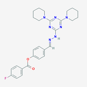 molecular formula C27H30FN7O2 B417093 4-{2-[4,6-Di(1-piperidinyl)-1,3,5-triazin-2-yl]carbohydrazonoyl}phenyl 4-fluorobenzoate 