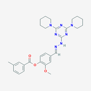 molecular formula C29H35N7O3 B417095 4-[(E)-{2-[4,6-di(piperidin-1-yl)-1,3,5-triazin-2-yl]hydrazinylidene}methyl]-2-methoxyphenyl 3-methylbenzoate 