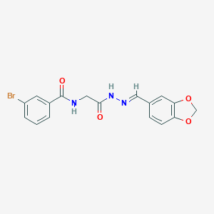 molecular formula C17H14BrN3O4 B417101 N-(Benzo[1,3]dioxol-5-ylmethylene-hydrazinocarbonylmethyl)-3-bromo-benzamide 