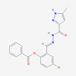 molecular formula C19H15BrN4O3 B417104 Benzoic acid 4-bromo-2-[(5-methyl-2H-pyrazole-3-carbonyl)-hydrazonomethyl]-phenyl ester 