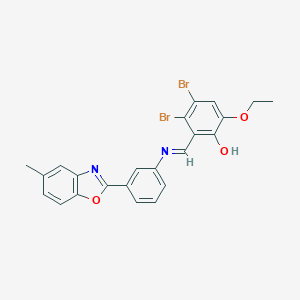 molecular formula C23H18Br2N2O3 B417108 3,4-Dibromo-6-ethoxy-2-({[3-(5-methyl-1,3-benzoxazol-2-yl)phenyl]imino}methyl)phenol 
