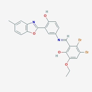 molecular formula C23H18Br2N2O4 B417109 3,4-Dibromo-6-ethoxy-2-({[4-hydroxy-3-(5-methyl-1,3-benzoxazol-2-yl)phenyl]imino}methyl)phenol 
