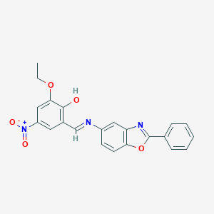 molecular formula C22H17N3O5 B417114 2-Ethoxy-4-nitro-6-{[(2-phenyl-1,3-benzoxazol-5-yl)imino]methyl}phenol 