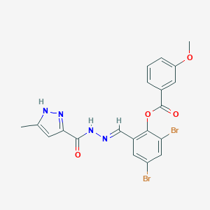 molecular formula C20H16Br2N4O4 B417132 2,4-dibromo-6-{2-[(3-methyl-1H-pyrazol-5-yl)carbonyl]carbohydrazonoyl}phenyl 3-methoxybenzoate 