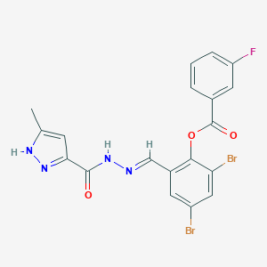 molecular formula C19H13Br2FN4O3 B417139 2,4-dibromo-6-[(E)-{2-[(3-methyl-1H-pyrazol-5-yl)carbonyl]hydrazinylidene}methyl]phenyl 3-fluorobenzoate 