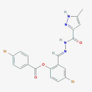 molecular formula C19H14Br2N4O3 B417140 4-Bromo-benzoic acid 4-bromo-2-[(5-methyl-2H-pyrazole-3-carbonyl)-hydrazonomethyl]-phenyl ester 
