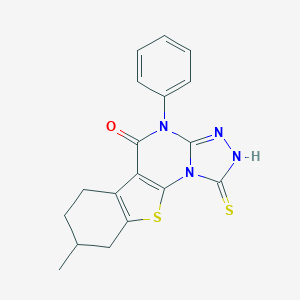 molecular formula C18H16N4OS2 B417180 8-methyl-4-phenyl-1-sulfanyl-6,7,8,9-tetrahydro[1]benzothieno[3,2-e][1,2,4]triazolo[4,3-a]pyrimidin-5(4H)-one 