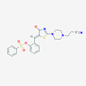 molecular formula C23H22N4O4S2 B417221 2-[(2-[4-(2-cyanoethyl)-1-piperazinyl]-4-oxo-1,3-thiazol-5(4H)-ylidene)methyl]phenyl benzenesulfonate 