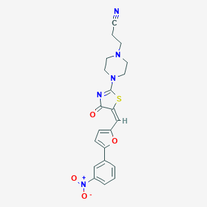 molecular formula C21H19N5O4S B417223 3-(4-{5-[(5-{3-Nitrophenyl}-2-furyl)methylene]-4-oxo-4,5-dihydro-1,3-thiazol-2-yl}-1-piperazinyl)propanenitrile 