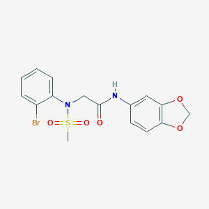 molecular formula C16H15BrN2O5S B417235 N-(1,3-benzodioxol-5-yl)-2-[2-bromo(methylsulfonyl)anilino]acetamide 