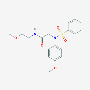 molecular formula C18H22N2O5S B417295 N-(2-methoxyethyl)-2-[4-methoxy(phenylsulfonyl)anilino]acetamide 