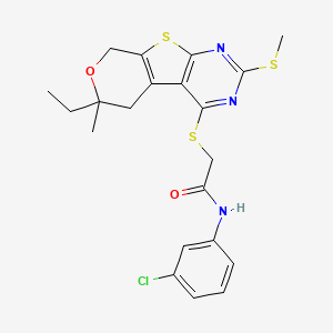 molecular formula C21H22ClN3O2S3 B4172951 N-(3-chlorophenyl)-2-{[6-ethyl-6-methyl-2-(methylthio)-5,8-dihydro-6H-pyrano[4',3':4,5]thieno[2,3-d]pyrimidin-4-yl]thio}acetamide 