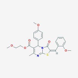 molecular formula C26H26N2O6S B417312 2-methoxyethyl 2-(2-methoxybenzylidene)-5-(4-methoxyphenyl)-7-methyl-3-oxo-2,3-dihydro-5H-[1,3]thiazolo[3,2-a]pyrimidine-6-carboxylate 