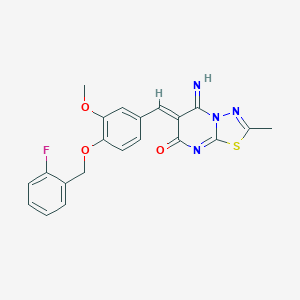 molecular formula C21H17FN4O3S B417341 6-{4-[(2-fluorobenzyl)oxy]-3-methoxybenzylidene}-5-imino-2-methyl-5,6-dihydro-7H-[1,3,4]thiadiazolo[3,2-a]pyrimidin-7-one 
