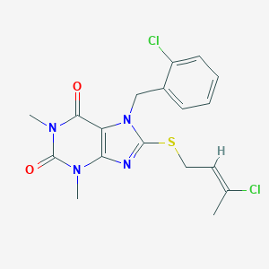 molecular formula C18H18Cl2N4O2S B417371 7-(2-chlorobenzyl)-8-[(3-chloro-2-butenyl)sulfanyl]-1,3-dimethyl-3,7-dihydro-1H-purine-2,6-dione 