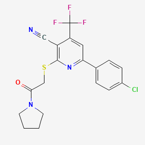 molecular formula C19H15ClF3N3OS B4173824 6-(4-chlorophenyl)-2-{[2-oxo-2-(1-pyrrolidinyl)ethyl]thio}-4-(trifluoromethyl)nicotinonitrile 