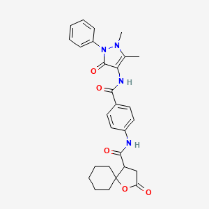 molecular formula C28H30N4O5 B4174051 N-(4-{[(1,5-dimethyl-3-oxo-2-phenyl-2,3-dihydro-1H-pyrazol-4-yl)amino]carbonyl}phenyl)-2-oxo-1-oxaspiro[4.5]decane-4-carboxamide 