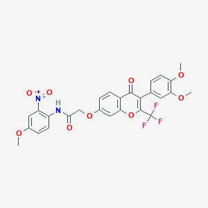 molecular formula C27H21F3N2O9 B4174281 2-{[3-(3,4-dimethoxyphenyl)-4-oxo-2-(trifluoromethyl)-4H-chromen-7-yl]oxy}-N-(4-methoxy-2-nitrophenyl)acetamide 