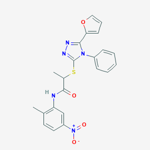 molecular formula C22H19N5O4S B417463 2-[(5-furan-2-yl-4-phenyl-4H-1,2,4-triazol-3-yl)sulfanyl]-N-{5-nitro-2-methylphenyl}propanamide 