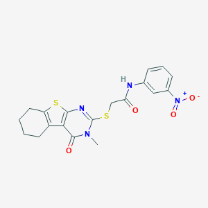 molecular formula C19H18N4O4S2 B417480 N-{3-nitrophenyl}-2-[(3-methyl-4-oxo-3,4,5,6,7,8-hexahydro[1]benzothieno[2,3-d]pyrimidin-2-yl)sulfanyl]acetamide 