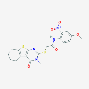 molecular formula C20H20N4O5S2 B417481 N-[2-nitro-4-(methyloxy)phenyl]-2-[(3-methyl-4-oxo-3,4,5,6,7,8-hexahydro[1]benzothieno[2,3-d]pyrimidin-2-yl)sulfanyl]acetamide 