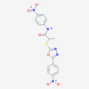 molecular formula C17H13N5O6S B417483 N-{4-nitrophenyl}-2-[(5-{4-nitrophenyl}-1,3,4-oxadiazol-2-yl)sulfanyl]propanamide 
