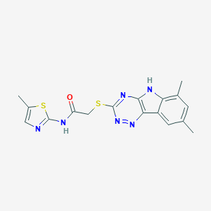 molecular formula C17H16N6OS2 B417489 2-[(6,8-dimethyl-5H-[1,2,4]triazino[5,6-b]indol-3-yl)sulfanyl]-N-(5-methyl-1,3-thiazol-2-yl)acetamide 