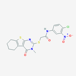 molecular formula C19H17ClN4O4S2 B417490 N-{4-chloro-3-nitrophenyl}-2-[(3-methyl-4-oxo-3,4,5,6,7,8-hexahydro[1]benzothieno[2,3-d]pyrimidin-2-yl)sulfanyl]acetamide 