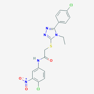 molecular formula C18H15Cl2N5O3S B417498 N-{4-chloro-3-nitrophenyl}-2-{[5-(4-chlorophenyl)-4-ethyl-4H-1,2,4-triazol-3-yl]sulfanyl}acetamide 