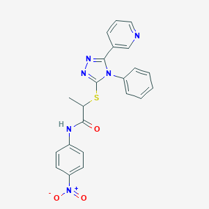 molecular formula C22H18N6O3S B417502 N-{4-nitrophenyl}-2-[(4-phenyl-5-pyridin-3-yl-4H-1,2,4-triazol-3-yl)sulfanyl]propanamide 