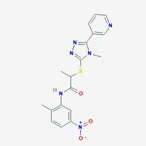 molecular formula C18H18N6O3S B417508 N-{5-nitro-2-methylphenyl}-2-[(4-methyl-5-pyridin-3-yl-4H-1,2,4-triazol-3-yl)sulfanyl]propanamide 