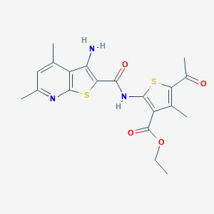 molecular formula C20H21N3O4S2 B417518 Ethyl 5-acetyl-2-{[(3-amino-4,6-dimethylthieno[2,3-b]pyridin-2-yl)carbonyl]amino}-4-methylthiophene-3-carboxylate 