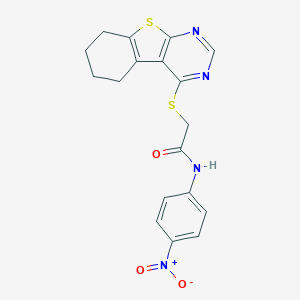 molecular formula C18H16N4O3S2 B417523 N-{4-nitrophenyl}-2-(5,6,7,8-tetrahydro[1]benzothieno[2,3-d]pyrimidin-4-ylsulfanyl)acetamide 